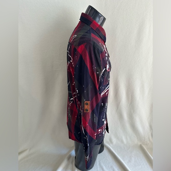 American Heritage Shirt Mens XL Red Plaid Paint Splatter Roll Tab Long Sleeve - Picture 7 of 15